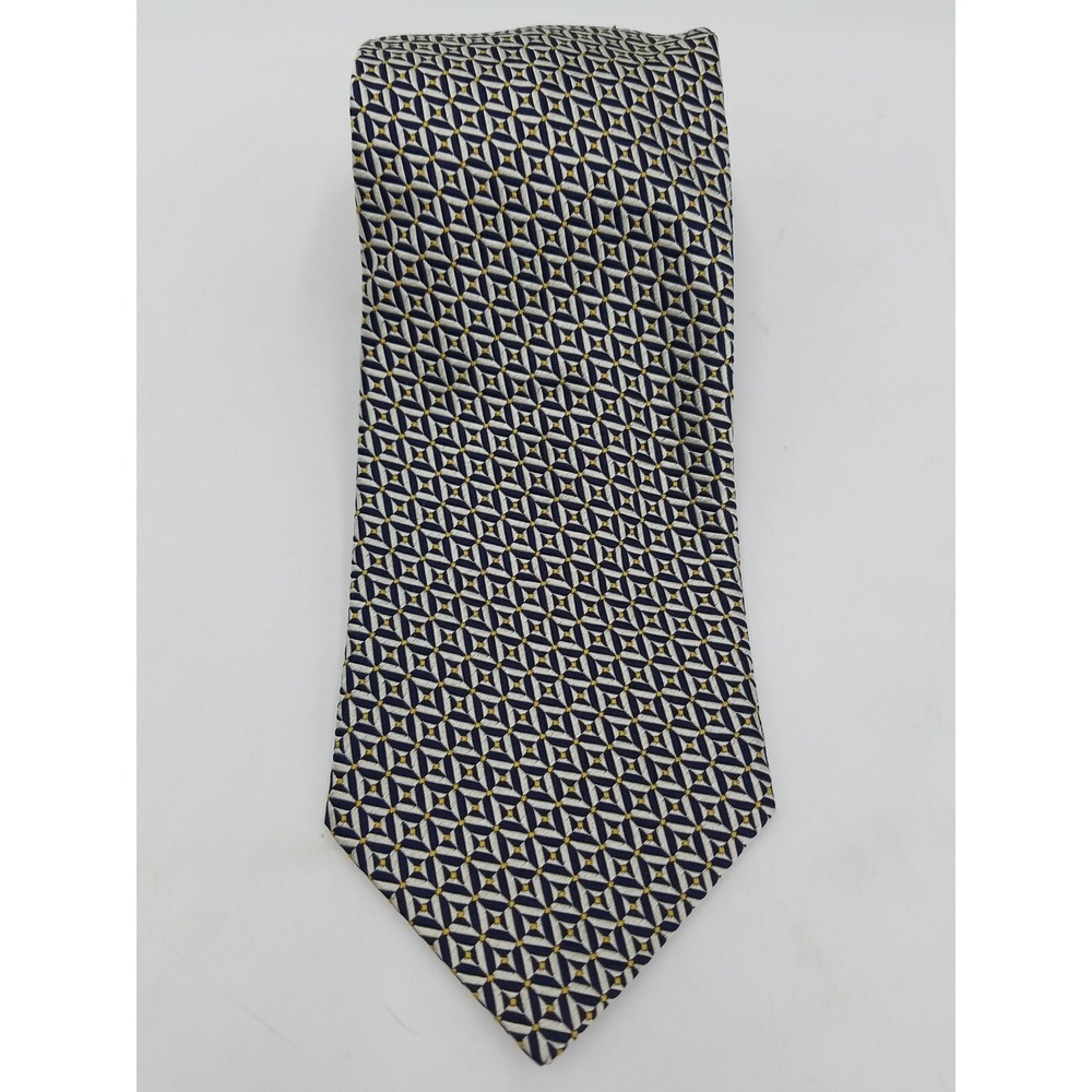 CANALI Tan Navy Geometric Print Made in Italy 100% Silk Tie Necktie CLEAN